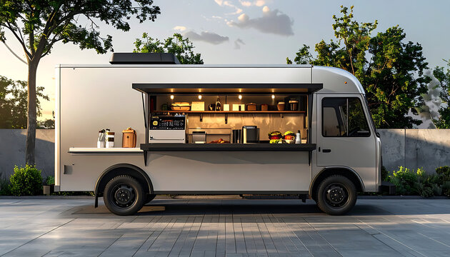 Modern food truck parked outdoors with open serving window illuminated, showcasing stocked shelves and kitchen equipment, offering street food, urban dining, and mobile business concepts.