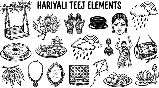 Hariyali Teej Festival Elements Vector Illustration Set, Hand-Drawn Black and White Line Art Icons for Indian Hindu Culture and Tradition Celebrations
