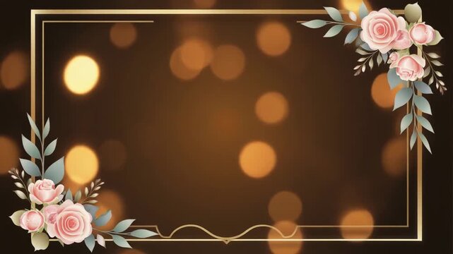 Elegant golden frame decorated with soft pink roses against a shimmering bokeh light motion background