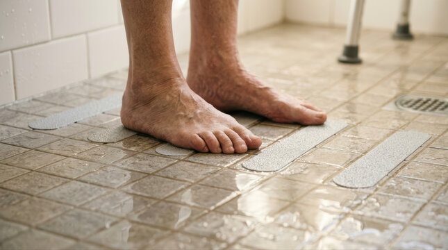 Shower safety solutions elderly concept. Wet feet standing on a tiled floor in a bathroom with a drain and shower chair legs visible.