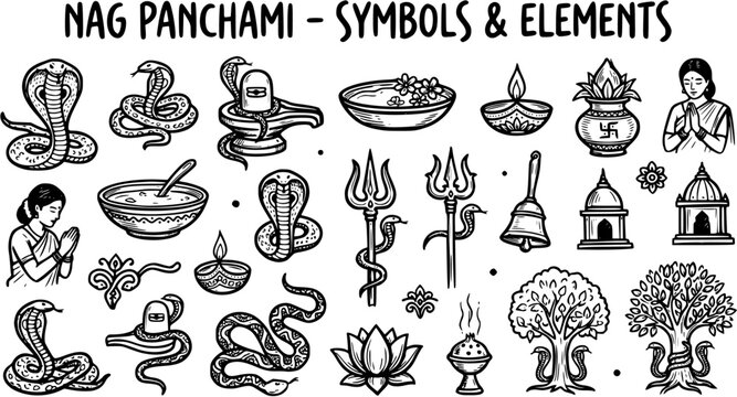 Nag Panchami Hindu Festival Symbols  Elements Black and White Line Art Doodle Illustration Set for Indian Culture  Spirituality