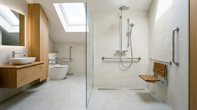 Shower safety solutions elderly concept. Modern accessible bathroom with walk-in shower, wooden accents, and grab bars for safety.