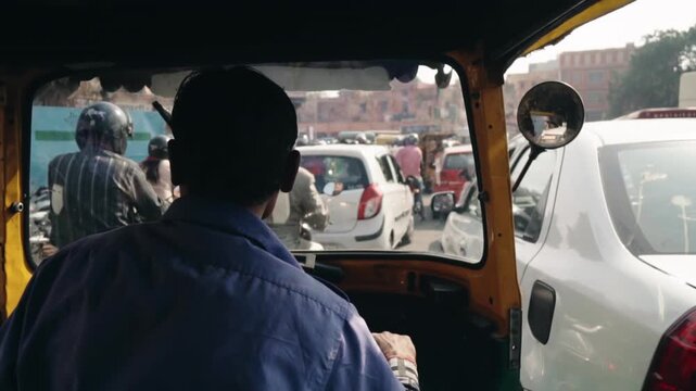 Rickshaw driver maneuvering his auto through a congested street in Jaipur, India, showcasing the bustling daily life and chaotic urban transportation system in a vibrant city environment