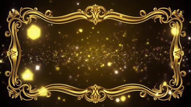Ornate gold frame with glowing particles floating in a continuous motion for elegant wedding events