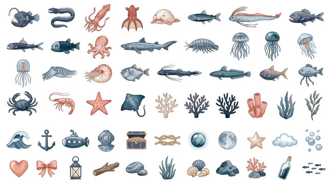 Watercolor deep sea creatures vector illustration set. Beautiful collection featuring ocean animals exotic fishes marine plants and underwater elements for aquatic graphic design projects.