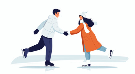 Fototapeta premium Happy couple enjoying winter ice skating together, holding hands on a frozen rink. Festive season vector illustration