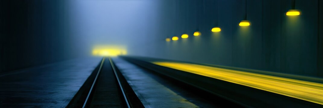 A dark tunnel with illuminated tracks and yellow lights, receding into fog