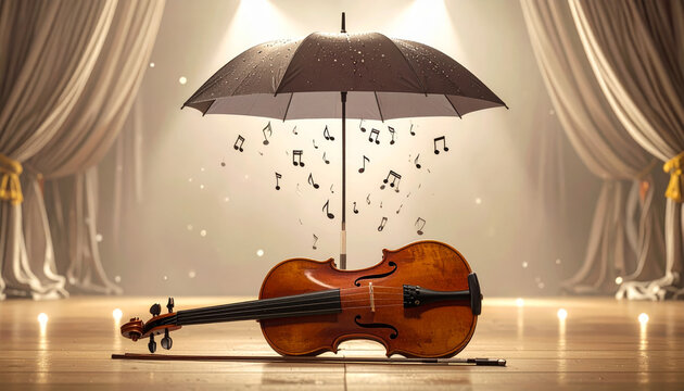A whimsical umbrella raining musical notes onto a waiting violin