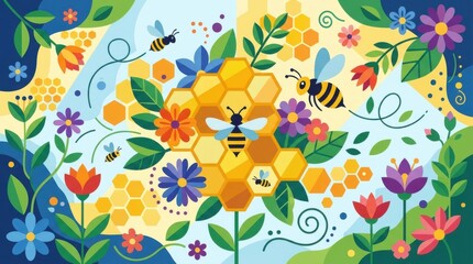 Fototapeta premium Vibrant Floral Scene with Honey Bees and Colorful Flowers
