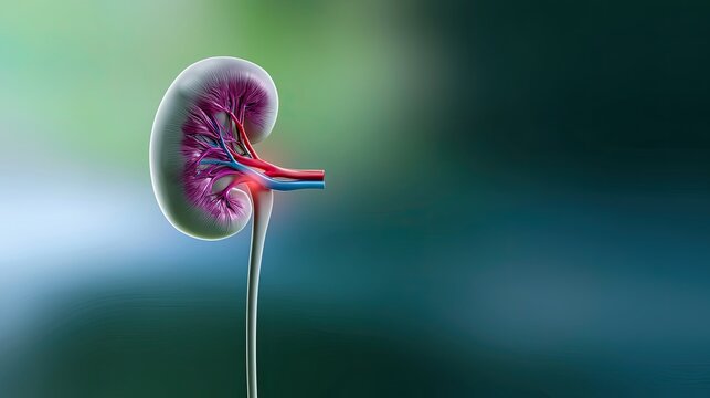 Realistic 3D rendering of a healthy human kidney with visible internal vascular structures