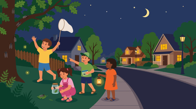 Children playing with fireflies outside homes.