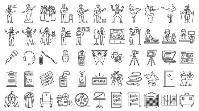 Black and white line art vector collection of performing arts and entertainment industry featuring musicians actors dancers stage equipment and film production tools for creative design projects.