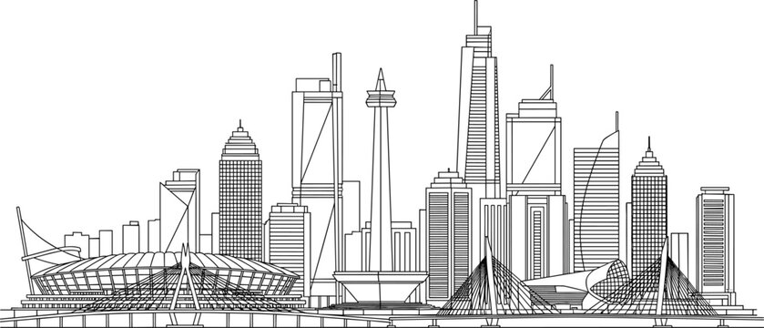 Jakarta city skyline linear vector illustration with famous skyscrapers architectural landmarks and city road infrastructure