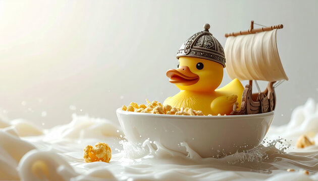 A yellow rubber ducky wearing a Viking helmet sails a tiny ship through a bowl of cereal in a watery setting