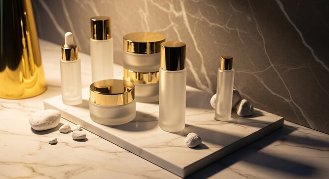 Premium cosmetic products mockup with dramatic lighting creating elegant atmosphere for luxury beauty branding and skincare promotion.