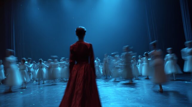 Woman in red dress standing alone on dimly lit theater stage with dramatic spotlight
