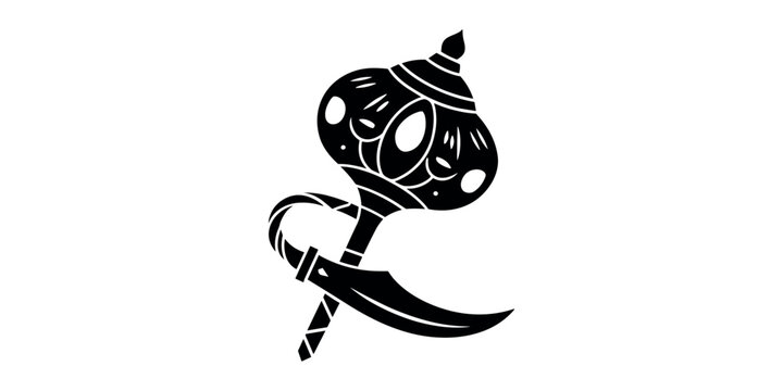 Black and white of a decorated scimitar with a heart shaped hilt sword curved blade in white background