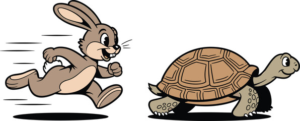 Vector illustration of cartoon rabbit and tortoise representing the classic fable about perseverance and steady progress © Creative Stoker