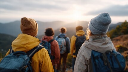 Fototapeta premium Group of hikers wearing colorful jackets and backpacks standing on a mountain trail, gazing at the sunset over the distant hills and valleys