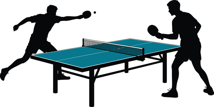 Vector illustration of two players playing table tennis with paddles, ball, and net on blue table in silhouette style