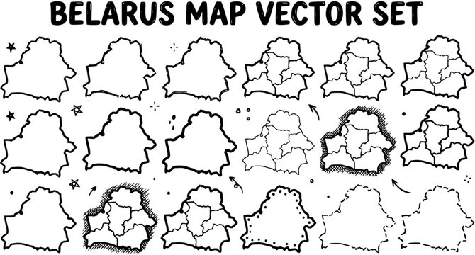 Belarus Map Vector Set: Hand Drawn Outline Country and Administrative Divisions, Black and White Geographic Graphic Elements