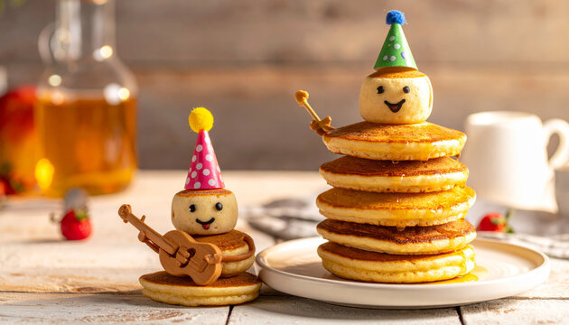 Adorable stacks of pancakes wearing tiny party hats and playing miniature musical instruments, a whimsical breakfast delight