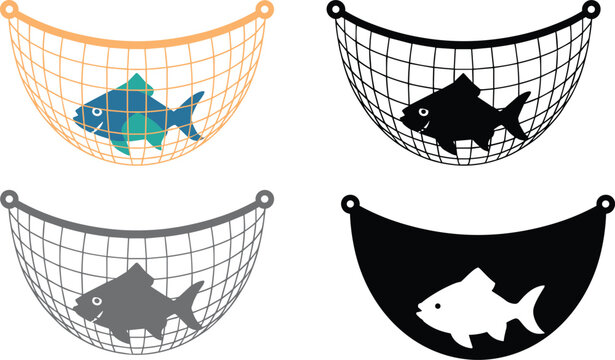 Cartoon fish in net icons with colorful variations representing fishing and catch vector illustration