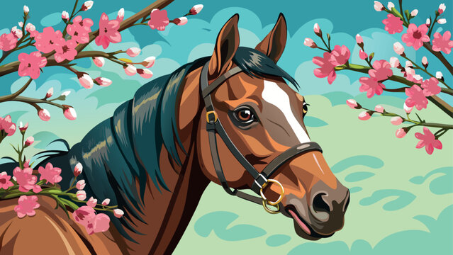 Beautiful brown horse portrait framed by pink cherry blossoms