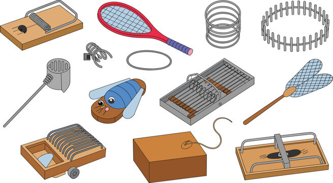 Cartoon pest control icons with mouse traps, cage, zapper, and swatter representing rodent and insect devices vector illustration