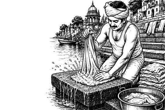 Traditional Indian Washerman Working by Riverside Ghaat Illustration