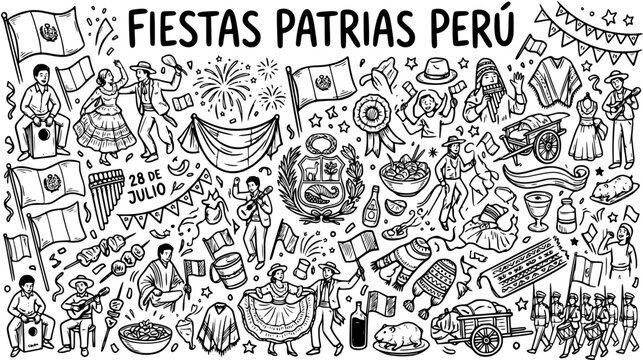Black and White Hand-Drawn Doodle Line Art Vector Illustration of Peruvian National Holidays and Culture Celebrating Fiestas Patrias