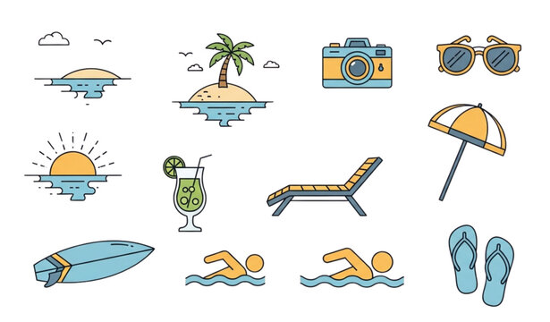 Ic&ocirc;nes minimalistes &eacute;t&eacute; plage et loisirs illustration vectorielle