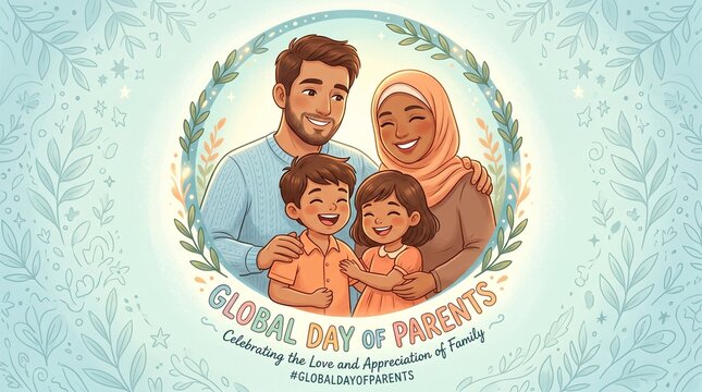 Diverse family celebrating global day of parents with illustration, muslim famil