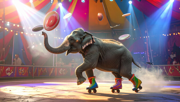 An elephant in roller skates gracefully juggles spinning plates with its trunk in a vibrant circus arena