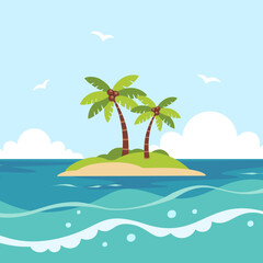 Obraz premium Tropical paradise island with palm trees in the middle of the ocean. Sea waves, clouds, sunny sky, seagulls. Perfect for summer vacation and travel design. Flat vector illustration.