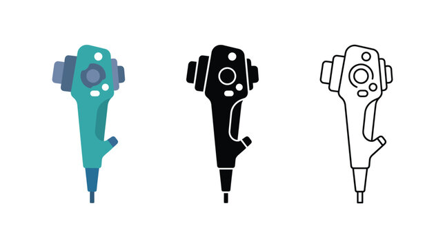 Endoscope medical instrument set with flat solid and line art icons for surgical surgery.