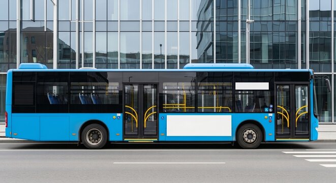 A modern blue city bus with large blank advertisement spaces on its side, parked on street next to a contemporary glass building in urban setting.