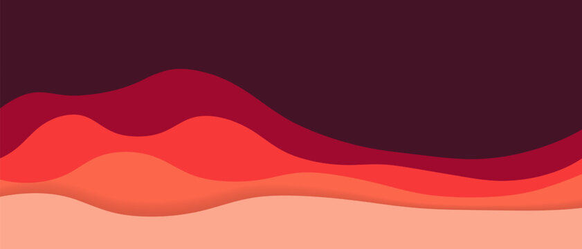 Abstract wavy red and purple layers background. Minimal papercut landscape concept. Modern geometric backdrop.