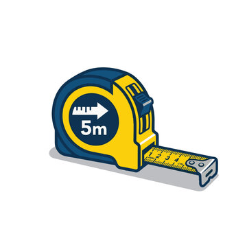 A blue and yellow cartoon-style tape measure with 5m and an arrow, showing a short section of the metal tape extended.