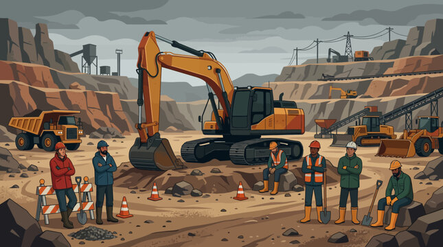 Construction site with workers and heavy machinery.