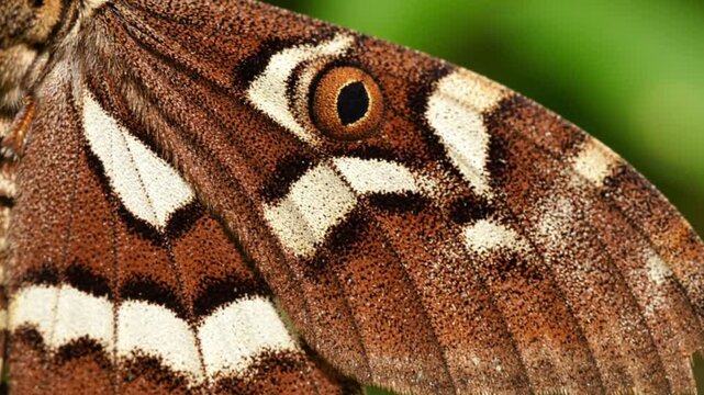 Macro Close-up of Brown Moth Wing with Eye Spot and White Stripes