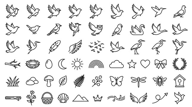 Minimalist line art nature icon set featuring flying birds insects botanical elements celestial shapes and woodland objects in simple black and white.