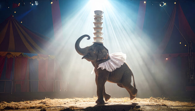 An elephant skillfully balancing a tall stack of teacups on its trunk in a circus spotlight