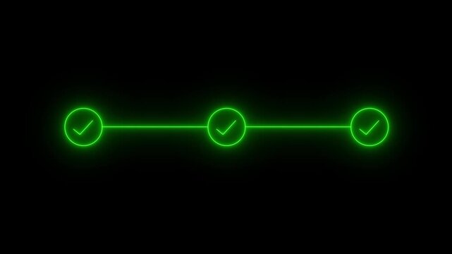 Glowing neon green three step progress bar and timeline animation with checkmarks for business workflow task completion and loading screens.