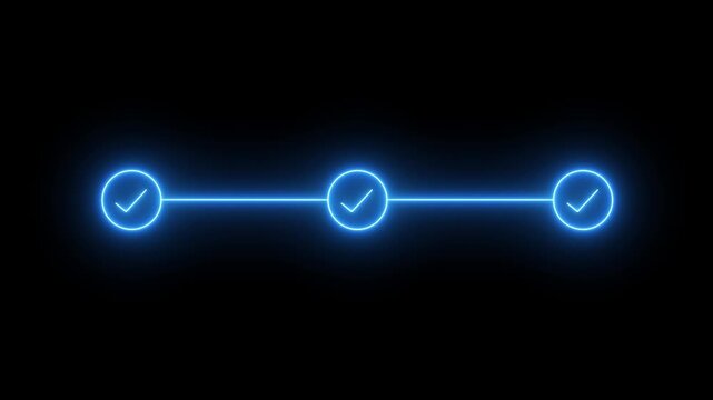 Glowing neon blue three step progress bar and timeline animation with checkmarks for business workflow task completion and loading screens.