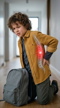 Boy child suffering from back pain holding his spine. Kid with scoliosis or posture problem caused by heavy school backpack. Medical illustration of spinal ache and injury concept.