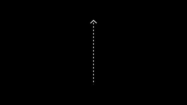 Minimalist white dashed vertical line arrow pointing downwards moving on a solid black background for user interface and graphic design
