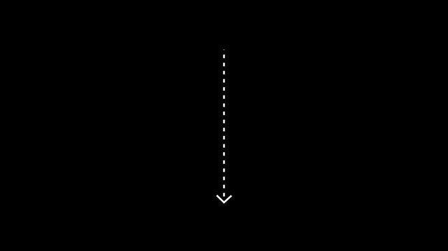 Minimalist white dashed vertical line arrow pointing downwards moving on a solid black background for user interface and graphic design