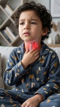 Sick child touching throat with highlighted inflammation. Boy suffering from sore throat or thyroid issue. Medical illustration of pediatric disease and health examination concept.