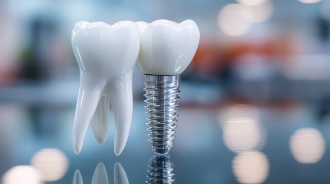 Dental implant model displayed alongside a realistic tooth model on a reflective surface in a modern dental clinic environment with blurred background elements